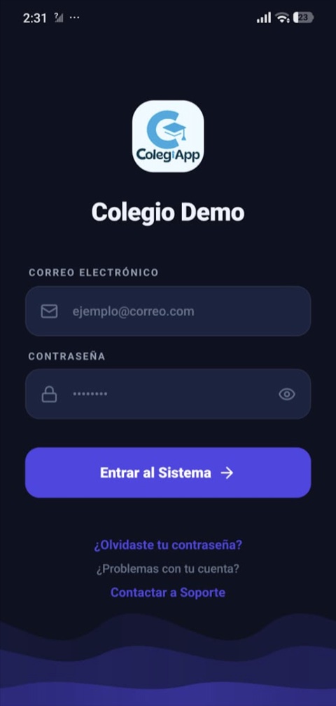Pantalla de acceso de la app ColegiApp con el logo y los colores de la escuela