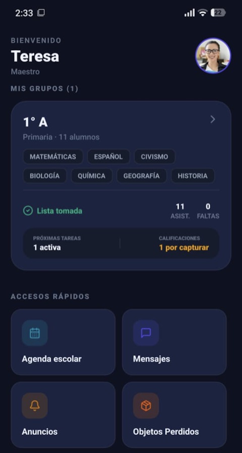 Pantalla de inicio del maestro en la app ColegiApp: sus grupos, la lista tomada y los accesos rapidos